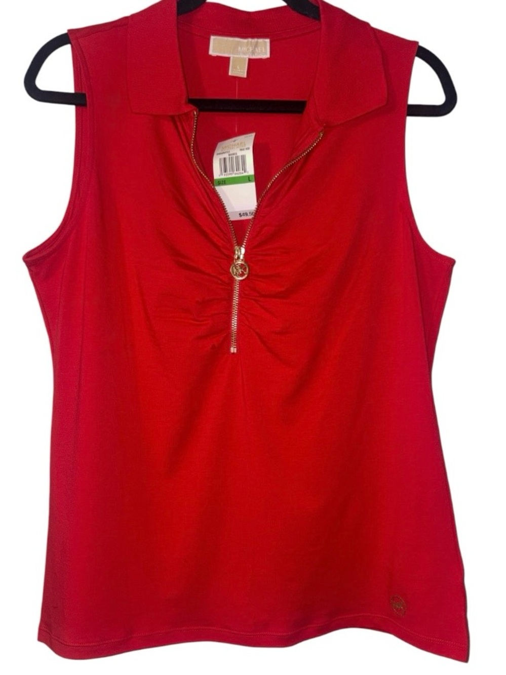Michael Kors Sleeveless 1/2 Zip Neck Tank in Bright Red/ Gold Look Hardware NEW!